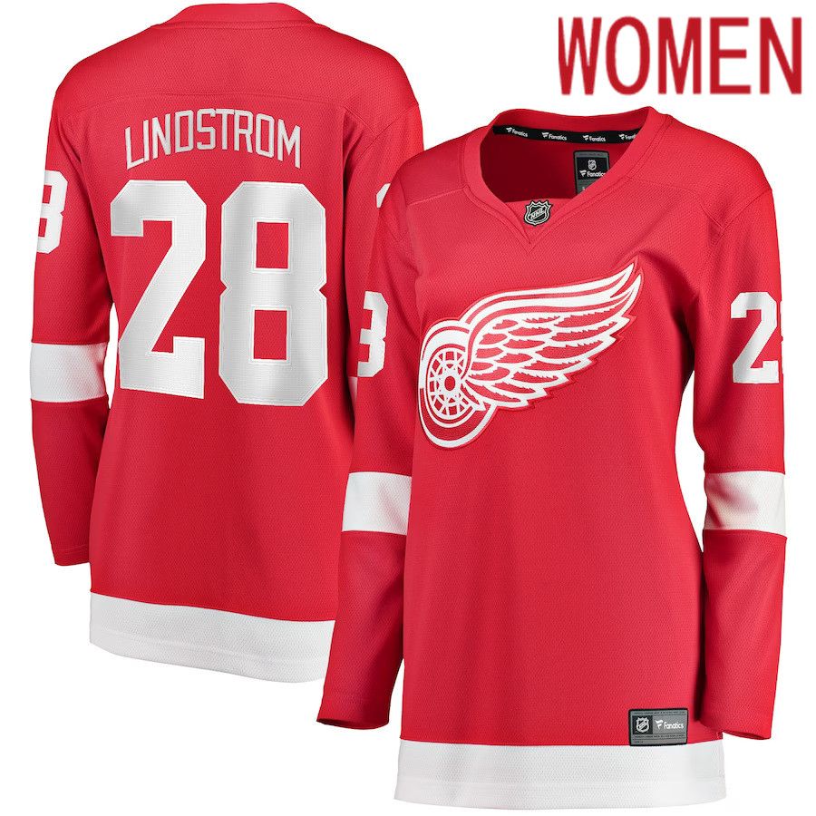 Women Detroit Red Wings #28 Gustav Lindstrom Fanatics Branded Red Home Breakaway Player NHL Jersey->women nhl jersey->Women Jersey